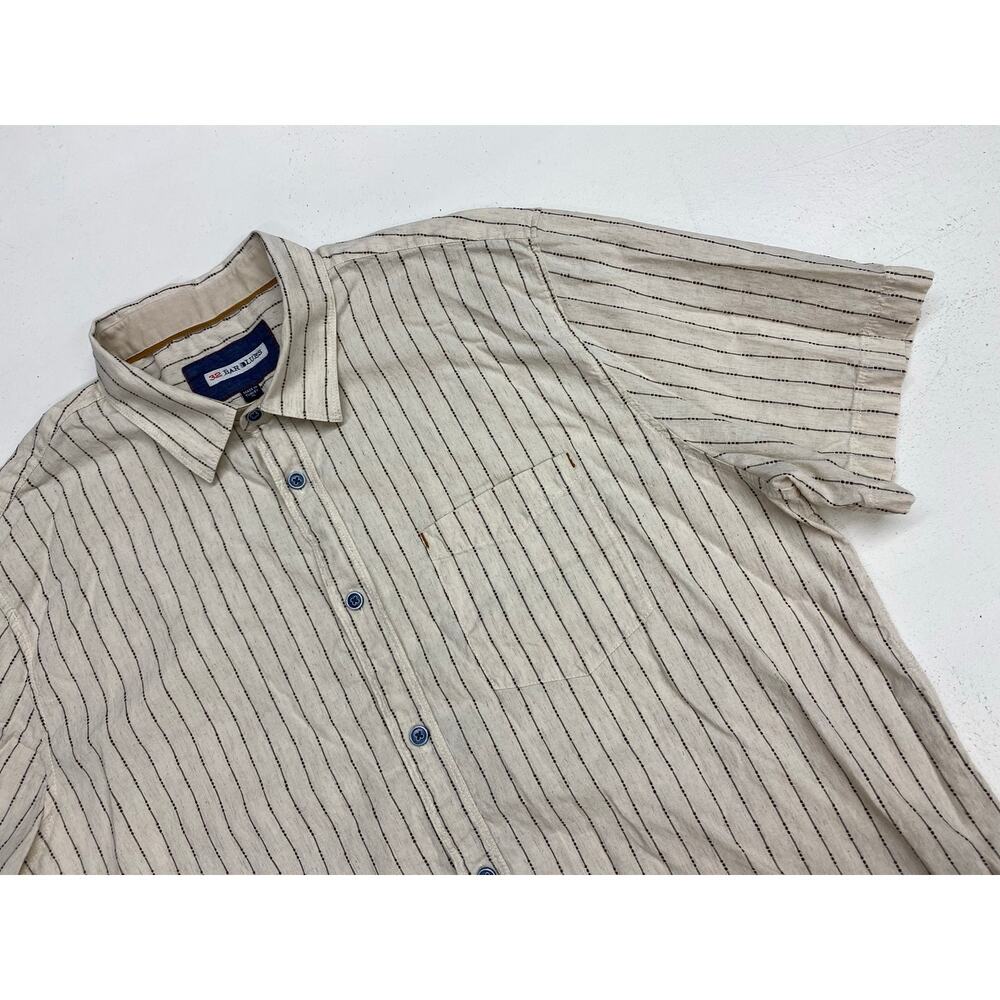 Men 32 Bar Blues linen cotton stripe short sleeve button up shirt, XL